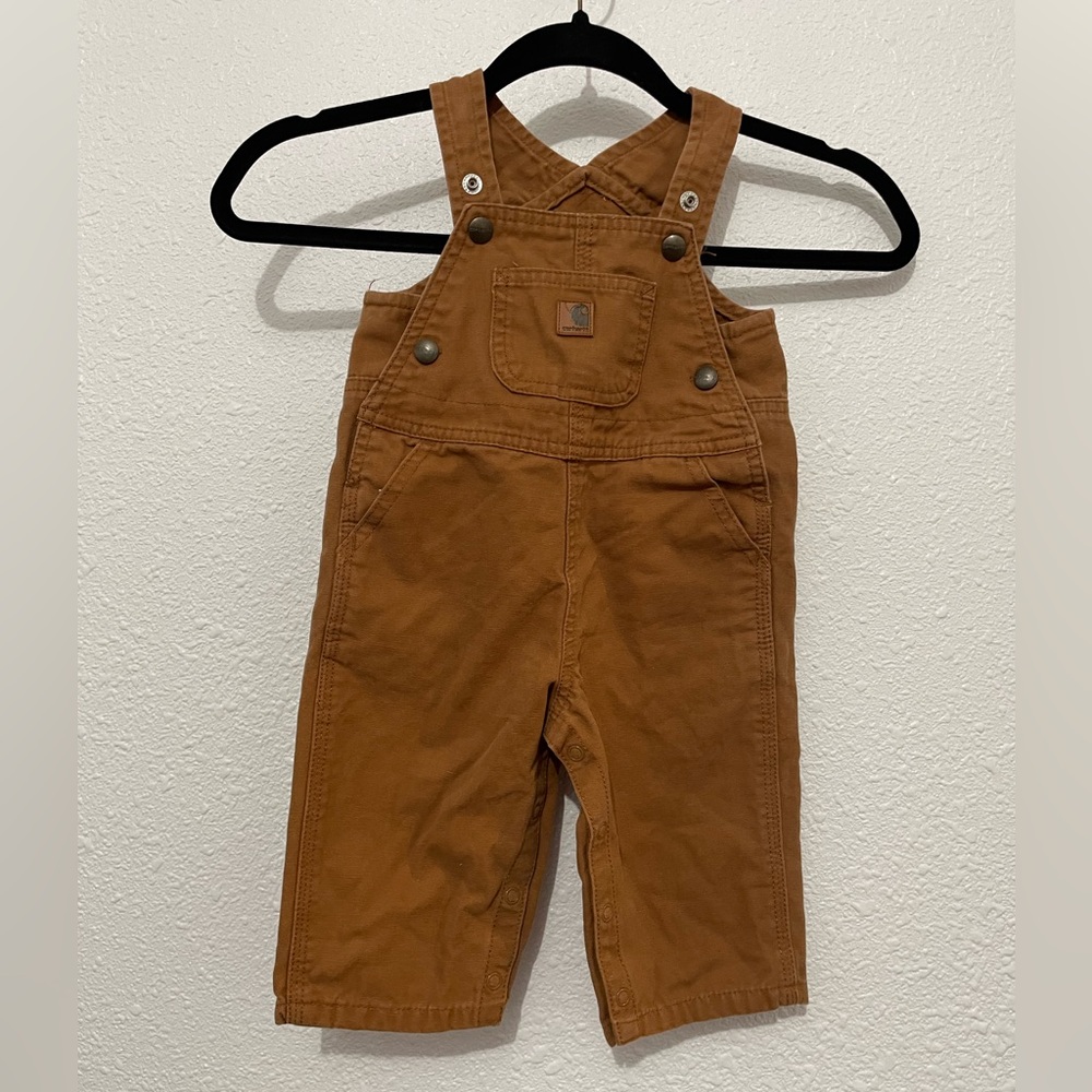 Carhartt Overalls 12M Infant Toddler Brown Tan Outdoors Logo Pants canvas farm